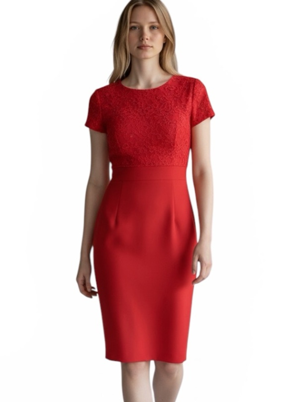Elegant Red Short-Sleeve Midi Dress with Subtle Embroidery
